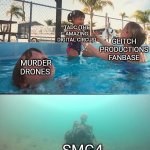 Glitch Productions Shows | TADC (THE AMAZING DIGITAL CIRCUS); GLITCH PRODUCTIONS FANBASE; MURDER DRONES; SMG4 | image tagged in mother ignoring kid drowning in a pool,glitch productions,murder drones,tadc,smg4 | made w/ Imgflip meme maker