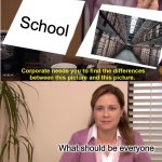 Yes | School; What should be everyone | image tagged in memes,they're the same picture | made w/ Imgflip meme maker