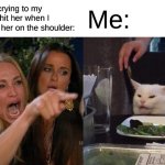Woman Yelling At Cat | My sibling crying to my mom that I hit her when I just tapped her on the shoulder:; Me: | image tagged in memes,woman yelling at cat | made w/ Imgflip meme maker