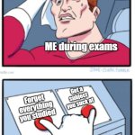 Why not both?? | Get a subject you suck at; Forget everything you studied; ME during exams; Get a subject you suck at; Forget everything you studied; ME | image tagged in two buttons full version,funny,memes,dank memes,exams,school | made w/ Imgflip meme maker