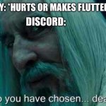 So you have chosen death | DISCORD:; SOMEPONY: *HURTS OR MAKES FLUTTERSHY CRY* | image tagged in so you have chosen death | made w/ Imgflip meme maker