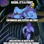 I was thinking about this at lunch while eating a cucumber...hmmm | IF A FOOD HAS SEEDS, IT'S A FRUIT; CUCUMBERS AND PEPPERS ARE FRUIT; SKELETOR WILL BE BACK IN 365 DAYS FOR ANOTHER BRAIN-SHIFTING THOUGHT | image tagged in skeletor disturbing facts | made w/ Imgflip meme maker