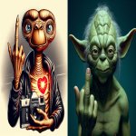 Et and Yoda doing the middle finger