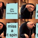 Gru's Plan | play Tetris mind bender; get a high score; miss a t spin; miss a t spin | image tagged in memes,gru's plan | made w/ Imgflip meme maker