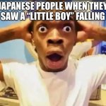 Surprised Black Guy | JAPANESE PEOPLE WHEN THEY SAW A “LITTLE BOY” FALLING | image tagged in surprised black guy | made w/ Imgflip meme maker