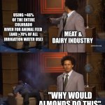 Meat and dairy use up a lot more water than you'd think | USING >46% OF THE ENTIRE COLORADO RIVER FOR ANIMAL FEED 

(AND >70% OF ALL IRRIGATION WATER USE); MEAT & DAIRY INDUSTRY; "WHY WOULD ALMONDS DO THIS" | image tagged in memes,who killed hannibal,environment,drought,meat,water | made w/ Imgflip meme maker