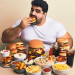 morbidly obese person eating a lot of food female