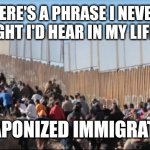 Illegal Immigrants | HERE'S A PHRASE I NEVER THOUGHT I'D HEAR IN MY LIFETIME; WEAPONIZED IMMIGRATION | image tagged in illegal immigrants | made w/ Imgflip meme maker