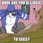 Think, Rigby, Think! | DUDE ARE YOU ALLERGIC; TO EGGS? | image tagged in think rigby think,memes,regular show,eggs | made w/ Imgflip meme maker