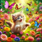 very cute fluffy kitten frolicking with butterflies in a flower