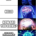 Expanding brain | HEY; HELLO; HOW ARE YOU DOING? I SEE YOU AS AN ALIVE INDIVIDUAL SO I WILL GREET YOU WITH THE WORD “HELLO” AND THEN DO RANDOM STUFF WITH YOU | image tagged in memes,expanding brain | made w/ Imgflip meme maker