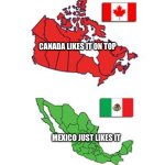 Canada like it on top | CANADA LIKES IT ON TOP; MEXICO JUST LIKES IT | image tagged in canada mexico | made w/ Imgflip meme maker