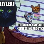 Warrior Omen of the Stars | HOLLYLEAF; LIONBLAZE AND JAYFEATHER STRESSING ABOUT CAT HELL | image tagged in squidward window | made w/ Imgflip meme maker