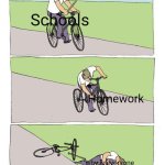 But, but, pizza Fridays" | Schools; Homework; "why is everyone depressed nowadays" | image tagged in memes,bike fall | made w/ Imgflip meme maker