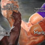 Hats up, enemy! | ATTACK THEIR ENEMY WITH THEIR HAT; Trailblazer (Harmony) from Honkai Star Rail; Mario; Kung Lao from Mortal Kombat | image tagged in epic handshake three way,memes,funny,hat,attack | made w/ Imgflip meme maker