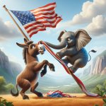 Donkey and elephant fighting over an American flag.