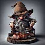 Grumpy gnome eating a steak