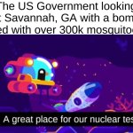 real, look it up | The US Government looking at Savannah, GA with a bomb filled with over 300k mosquitoes: | image tagged in a great place for our nuclear test,nuke,mosquito,mosquitoes,georgia,usa | made w/ Imgflip meme maker