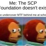 Monkey Puppet | Me: The SCP Foundation doesn't exist; The undercover MTF behind me at school: | image tagged in memes,monkey puppet | made w/ Imgflip meme maker