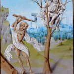 skeleton with axe man in tree