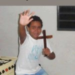 kid with cross | Me when I'm home alone and the dog barks at the closet | image tagged in kid with cross | made w/ Imgflip meme maker