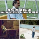 Sad Pablo Escobar | ME WAITING FOR THAT ONE AMAZON "DELIVERED" PACKAGE TO ARRIVE | image tagged in memes,sad pablo escobar | made w/ Imgflip meme maker