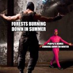 Pink Guy vs Bane | FORESTS BURNING DOWN IN SUMMER; PEOPLE’S HOMES BURNING DOWN ON WINTER | image tagged in pink guy vs bane,memes,funny | made w/ Imgflip meme maker