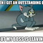 my boss is leaving | WHEN I GET AN OUTSTANDING EVAL; BUT MY BOSS IS LEAVING | image tagged in sad tom cat | made w/ Imgflip meme maker