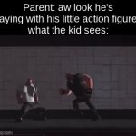 same with the cars | Parent: aw look he's playing with his little action figures.
what the kid sees: | image tagged in gifs,relatable,kid,childhood,nostalgia | made w/ Imgflip video-to-gif maker