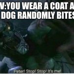 Peter! Stop! Stop! It's me! | POV:YOU WEAR A COAT AND YOUR DOG RANDOMLY BITES YOU. | image tagged in peter stop stop it's me | made w/ Imgflip meme maker