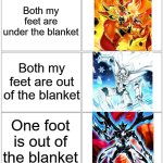 I don't trust blankets | Both my feet are under the blanket; Both my feet are out of the blanket; One foot is out of the blanket | image tagged in 2x3 panel empty comic,yugioh,blanket,sleeping,bedtime | made w/ Imgflip meme maker