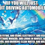 Happy dolphin rainbow | IF YOU WILL JUST QUIT DRIVING AUTOMOBILES. AND FLYING, AND USING ELECTRICITY, AND USING ANYTHING MODERN, AND LIVING IN HOUSES, AND EATING FOOD, AND DRINKING CLEAN WATER, AND BREATHING.... | image tagged in happy dolphin rainbow | made w/ Imgflip meme maker