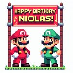 Super Mario Bros saying "Happy Birthday Nicolas!"