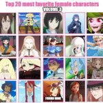 top 20 favorite female characters volume 3 | image tagged in top 20 favorite female characters volume 3,female logic,anime,videogames,pokemon,frozen | made w/ Imgflip meme maker