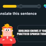 Translate this sentence | DUOLINGO KNOWS IF YOU PRACTICED SPANISH TODAY. | image tagged in translate this sentence | made w/ Imgflip meme maker