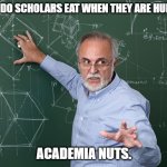Daily Bad Dad Joke May 16 2024 | WHAT DO SCHOLARS EAT WHEN THEY ARE HUNGRY? ACADEMIA NUTS. | image tagged in professor chalkboard explanation | made w/ Imgflip meme maker