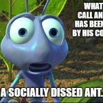 Daily Bad Dad Joke May 17, 2024 | WHAT DO YOU CALL AN ANT THAT HAS BEEN SHUNNED BY HIS COMMUNITY? A SOCIALLY DISSED ANT. | image tagged in shocked ant from a bug's life | made w/ Imgflip meme maker