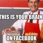 Your Brain on Facebook | THIS IS YOUR BRAIN; ON FACEBOOK | image tagged in ron popeil,brain,facebook,thats a lot of damage,brain dead,what if i told you | made w/ Imgflip meme maker