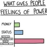 teachers be like | TEACHERS TELLING STUDENTS TO PUT THEIR PHONE AWAY | image tagged in what gives people feelings of power | made w/ Imgflip meme maker