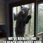 Bear at door | HELLO THERE; WE'VE BEEN TRYING TO REACH YOU ABOUT YOUR CAR'S EXTENDED WARRANTY | image tagged in bear at door | made w/ Imgflip meme maker