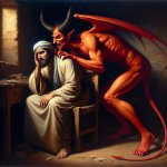 Demon leaning over man convincing him to do something