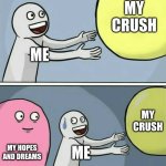 the AI meme generator is kinda right tho | MY CRUSH; ME; MY CRUSH; MY HOPES AND DREAMS; ME | image tagged in memes,running away balloon | made w/ Imgflip meme maker