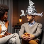 African-American Woman With Man Wearing Tin Foil Hat