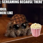 Spider was just chillin, why are they scared? | EVERYONE: SCREAMING BECAUSE THERE’S A SPIDER; THE SPIDER: JUST SITS THERE LIKE | image tagged in lucas the spider,hilarious memes,funny memes,spider,arachnophobia,random tag i decided to put | made w/ Imgflip meme maker