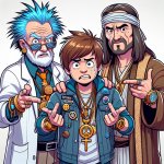 Rick & Morty and Jesus, bling out gangsters, looking disappointe