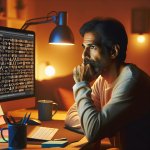 programmer staring at a screen with hyroglyphs