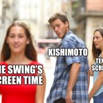 The swing | KISHIMOTO; TEN-TEN’S SCREEN TIME; THE SWING’S SCREEN TIME | image tagged in memes,distracted boyfriend | made w/ Imgflip meme maker