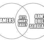 whatever... | ARMY DRILL SERGEANTS; GAMERS; GETS ANGRY EASILY | image tagged in venn diagram,gamer,video games,drill sergeant,army | made w/ Imgflip meme maker