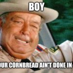 You dummy | BOY; I BELIEVE YOUR CORNBREAD AIN'T DONE IN THE MIDDLE | image tagged in sheriff buford t justice | made w/ Imgflip meme maker