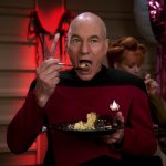 Picard eating dessert